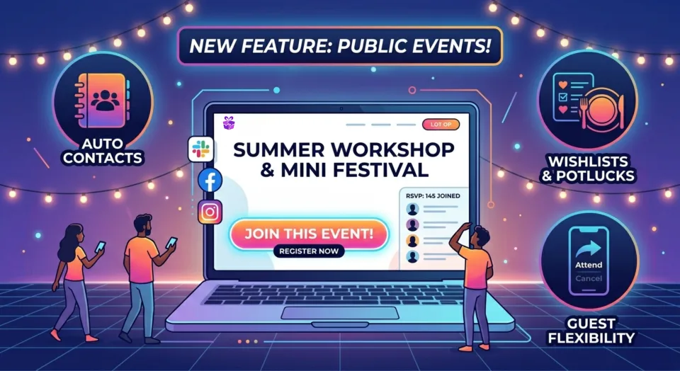 A laptop and smartphone displaying a public event page with an RSVP button and guest list, designed in a modern, festive style.