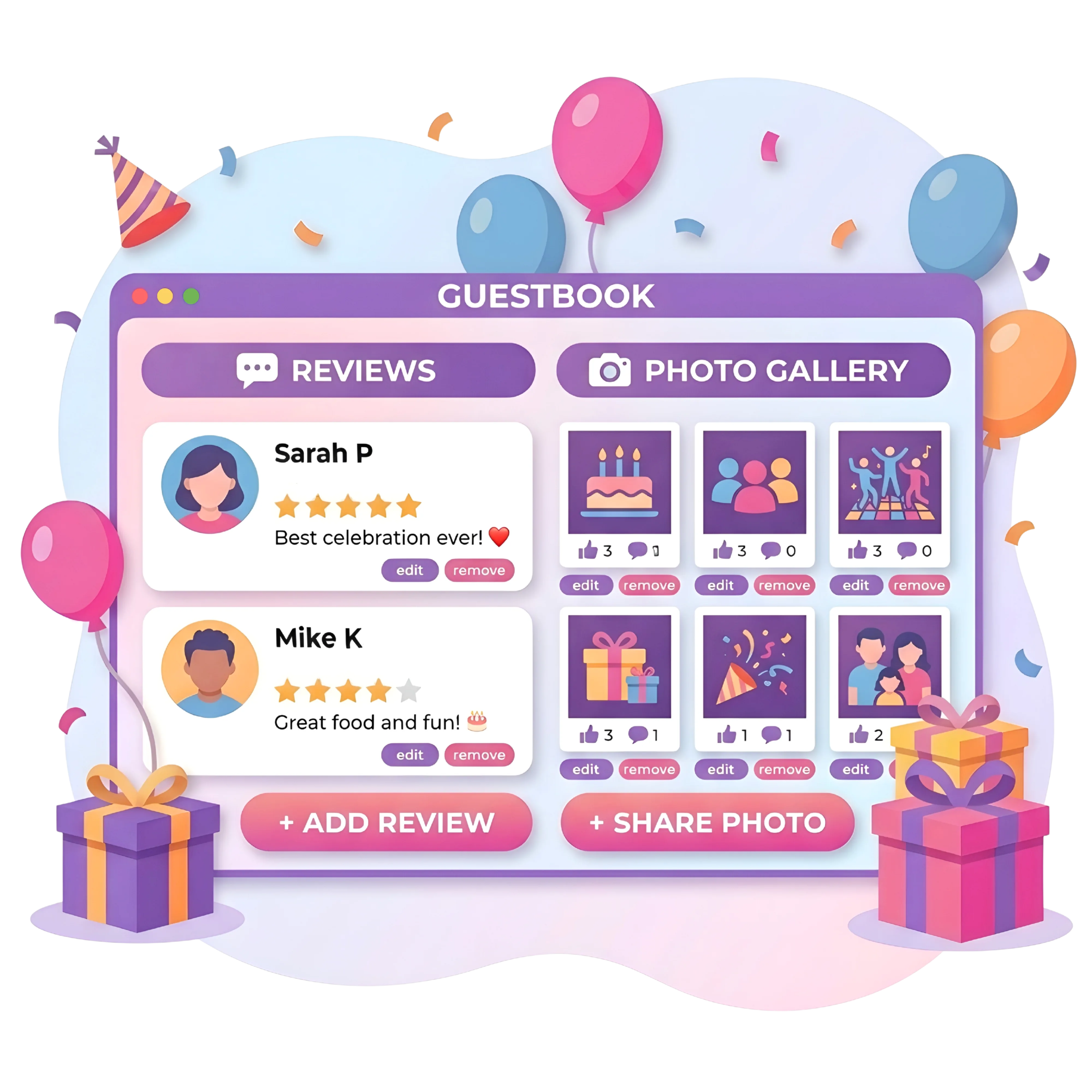 Shared event guestbook timeline with private access options