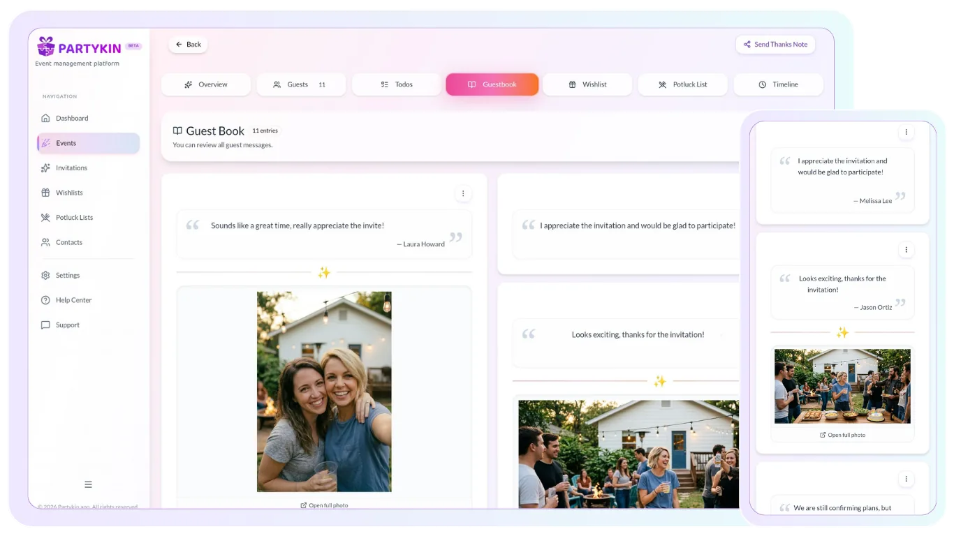 Digital guest book interface displaying guest wishes and event photos on a tablet and smartphone screen